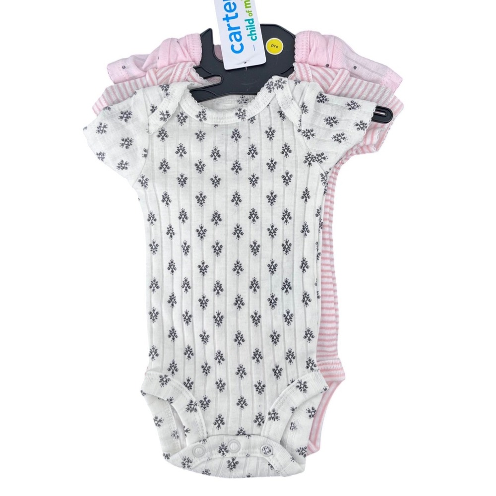 Carter's Bodysuit Baby Girl Preemie Pink White 3 Pack Ribbed Floral Stripes Snap
